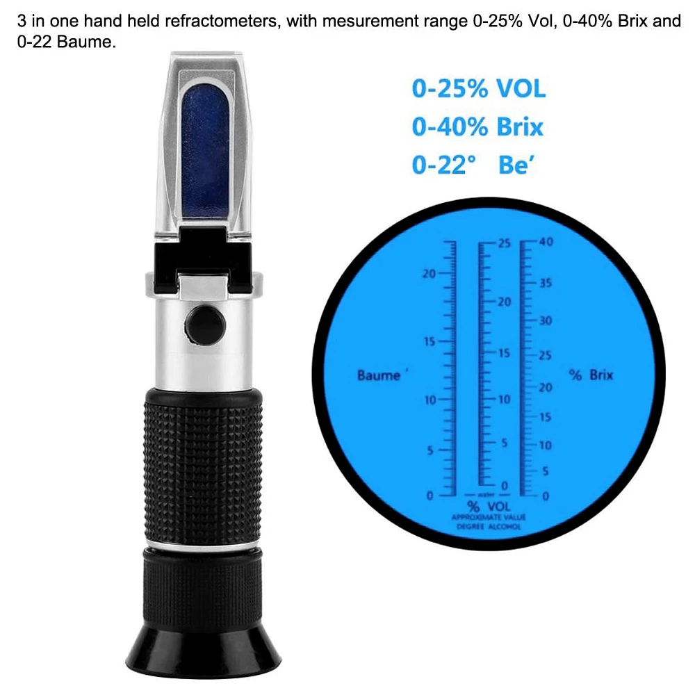 

Portable 3 In1 Alcohol Refractometer With ATC Dual Scale Brix 0-40% 0-25% VOL Optical Tester For Grape Wine Making Homebrew Tool