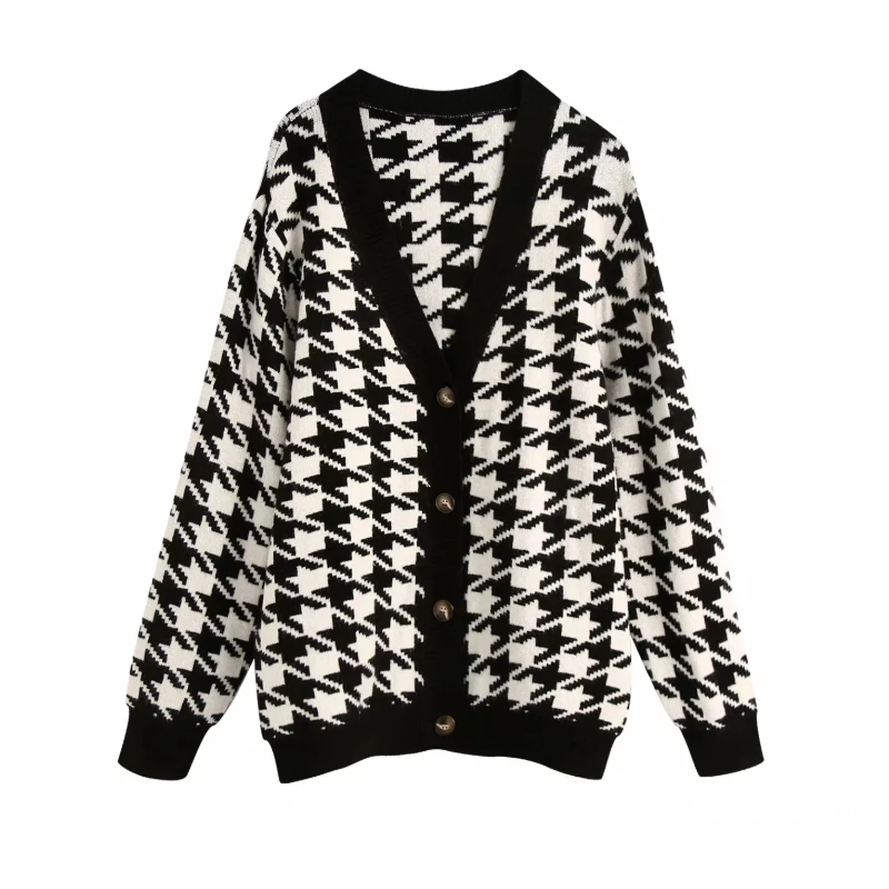 

Spring Women Houndstooth Knitting Sweater Casual Female V Neck Long Sleeve Pullover Fashion Lady Loose Tops SW899