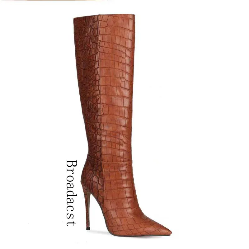 Broadcast Autumn And Winter Ladies Shoes 2021 New Fashion Stone Pattern Stitching Knee High Heel Elegant Ladies Boots