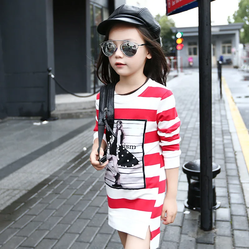 3 4 5 6 7 8 9 10 11 12 Year Girls Dress Striped Casual Kids Clothes for Girl Long Sleeve O-neck Children Shirt Dresses Clothing | Детская