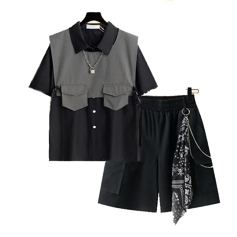 

2021 Summer Harajuku Loose Chain Cargo Shorts T Shirt +Cargo Shorts Two Piece Set Shorts Three-Piece Suit Set