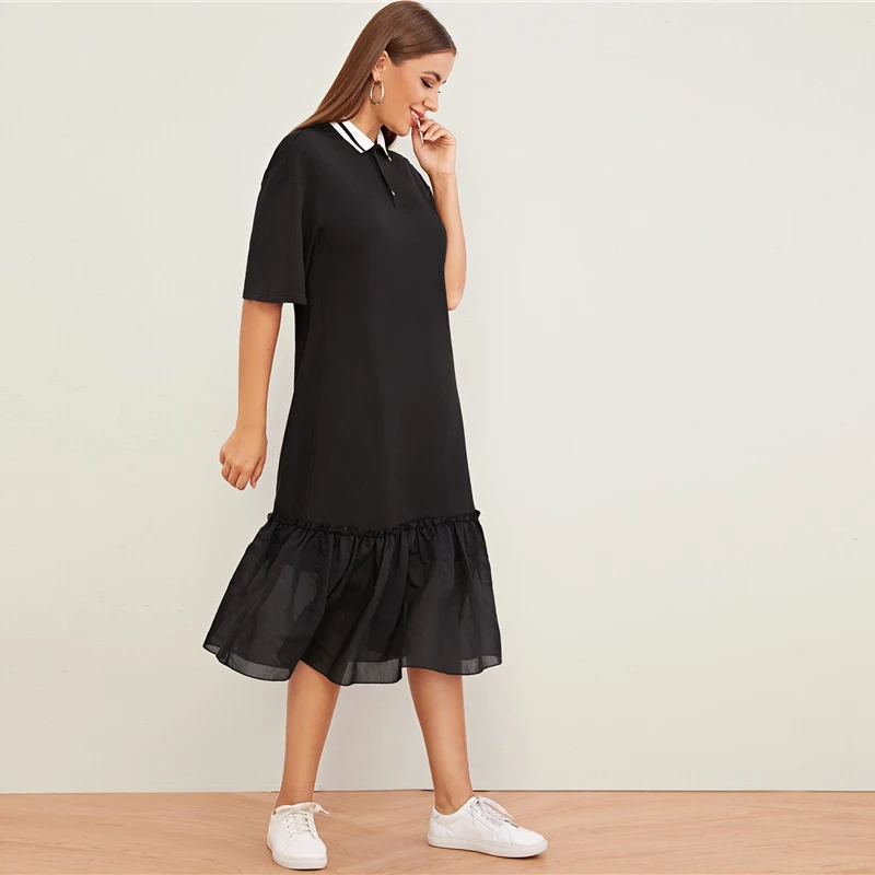 SHEIN/Черное Платье-туника с открытыми плечами и рюшами, женская осенняя одежда с заниженной талией и отложным воротником, повседневные Прямые однотонные платья