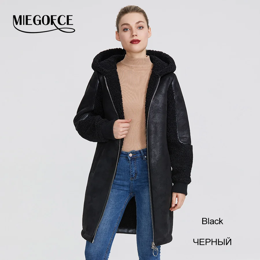 201-Black MIEGOFCE Новая зимняя женская коллекция куртка из искусственного меха женский необычный дизайн женской пальто- дубленки сшит из двух тканей и куртка зима выделяет свой особенный стиль необычные расцветки - Цвет: 201-Black