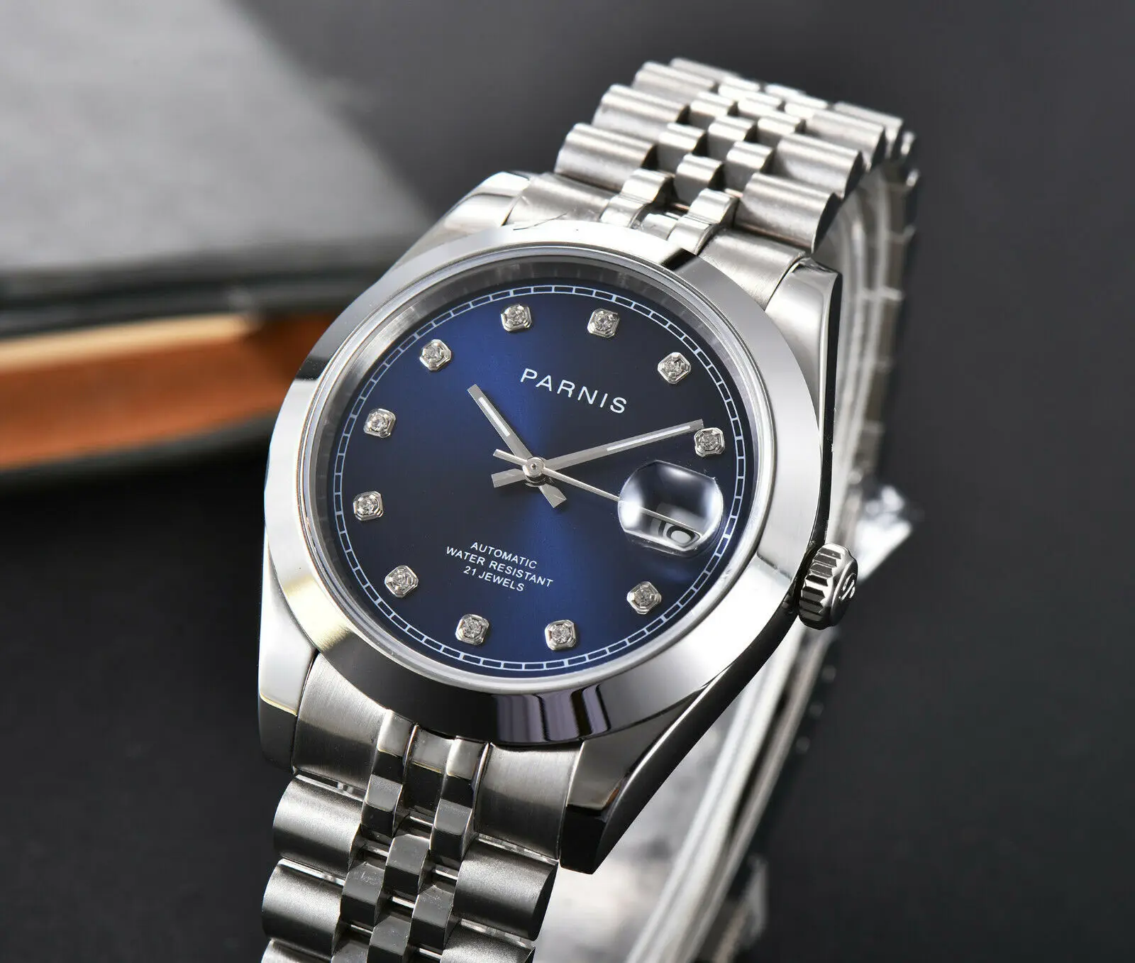 

Parnis Blue Dial Men's Watches Calendar Miyota 8215 Movement 21 Jewels Automatic Mechanical Mens Wristwatch orologio uomo 2020