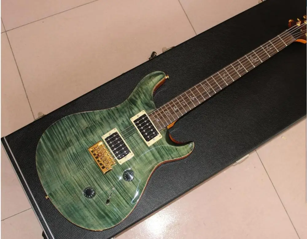 

New style.Electric Guitar with hard case.Green color tiger flame top guitarra.high quality pickups.handwork 6 stings guitar.