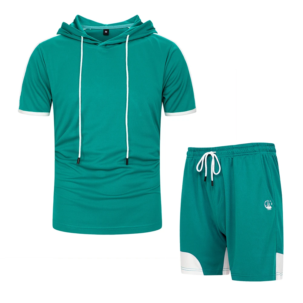 

Fashion T-shirt Shorts Set Men Summer Patchwork Tracksuit Hooded T Shirts Man Casual Tee Shirt Sets Sweat Suits Sportswears 2pcs