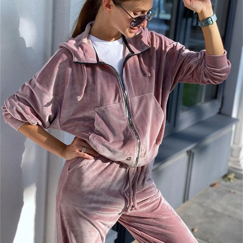 

Gold Velvet Tracksuit Women Two Piece Set Autumn Clothes Zipper Hoodies Jacket Long Pants Suit Casual Velour Women's Sets Outfit
