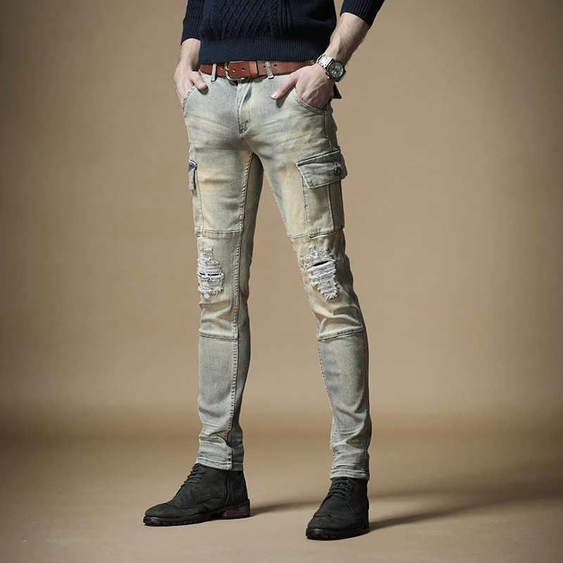 

Винтажные мужские рваные прямые джинсы, уличные зауженные джинсовые брюки, Стрейчевые ретро-брюки
