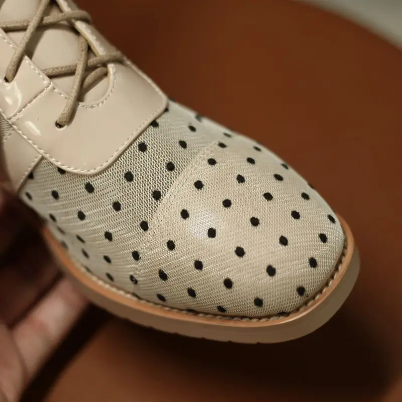 

AGODOR Polka Dot Ankle Booties Square Mid Heel Lace Up Women Boots Fashion Women Summer Boots Zipper Patent Leather Boots