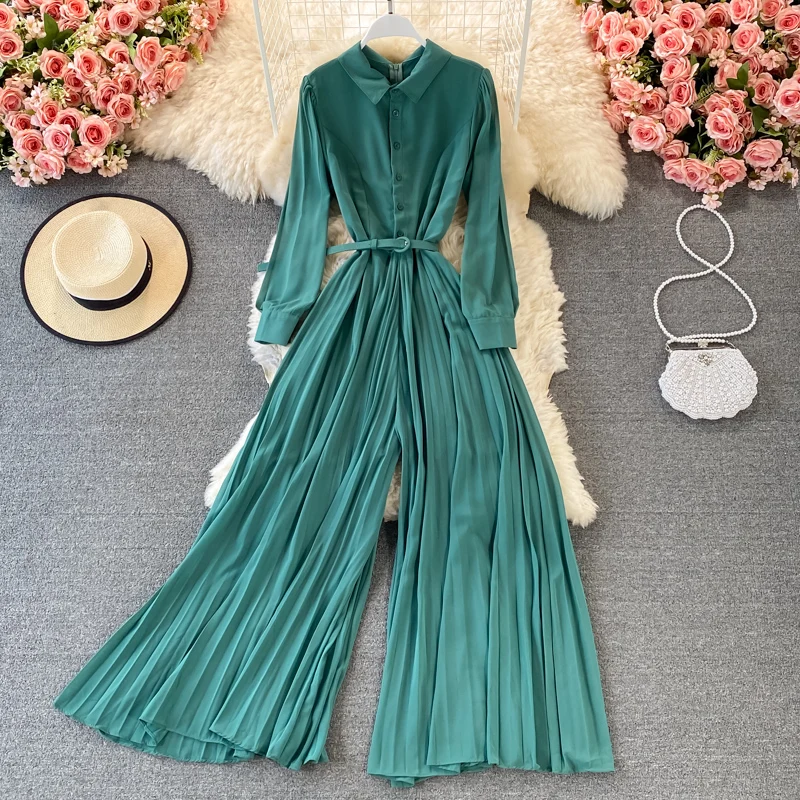 

Spring Autumn Fashion Pleated Wide Leg Pants Jumpsuit For Women Elegant Long Sleeve Shirt Rompers Office Lady Casual Overalls