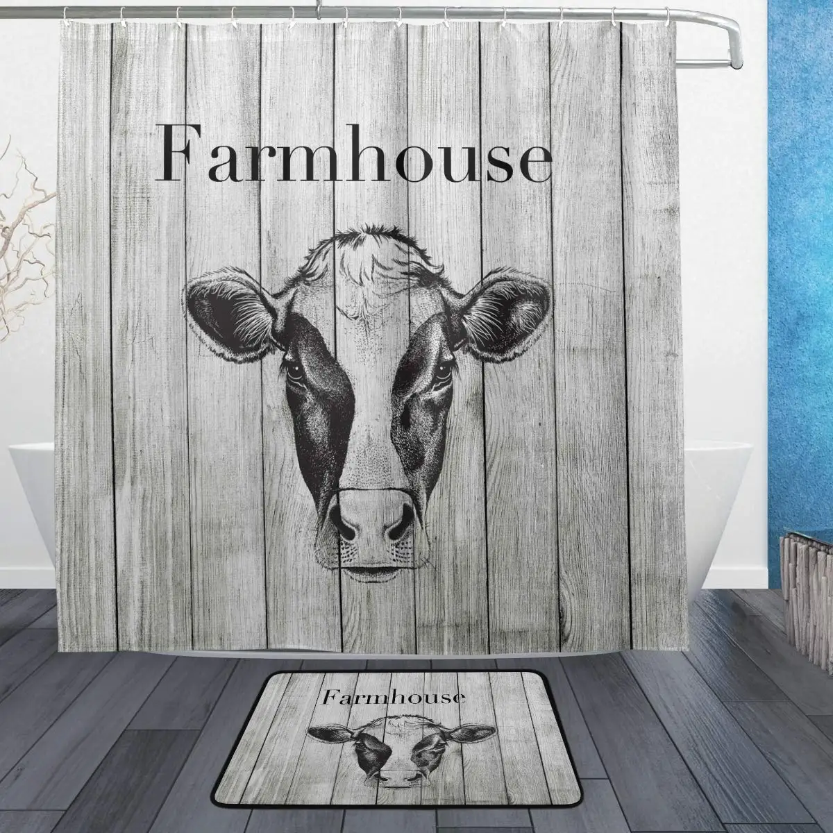 

Farmhouse Cow Shower Curtain Set Waterproof Decorative with Hooks