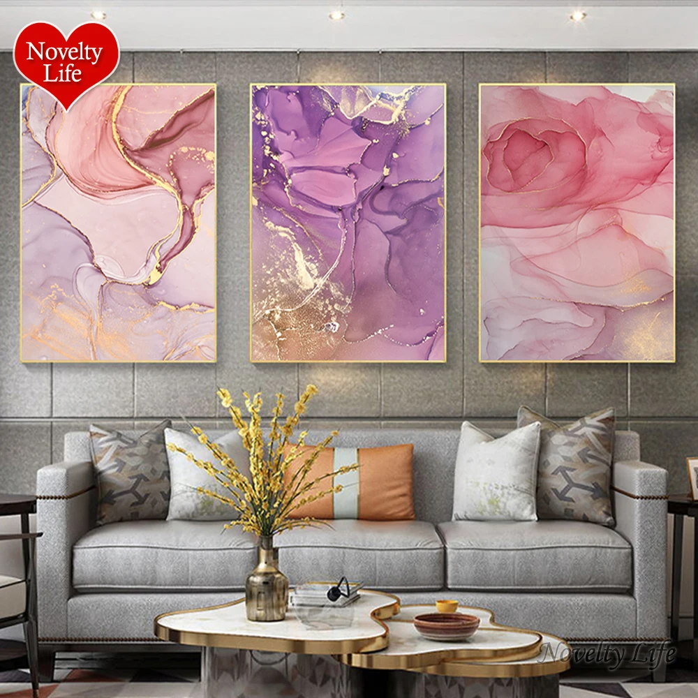 

Modern Abstract Beautiful Colorful Golden Petals Ink Pink Canvas Painting Wall Art Nordic Print Scandinavian Decoration Picture
