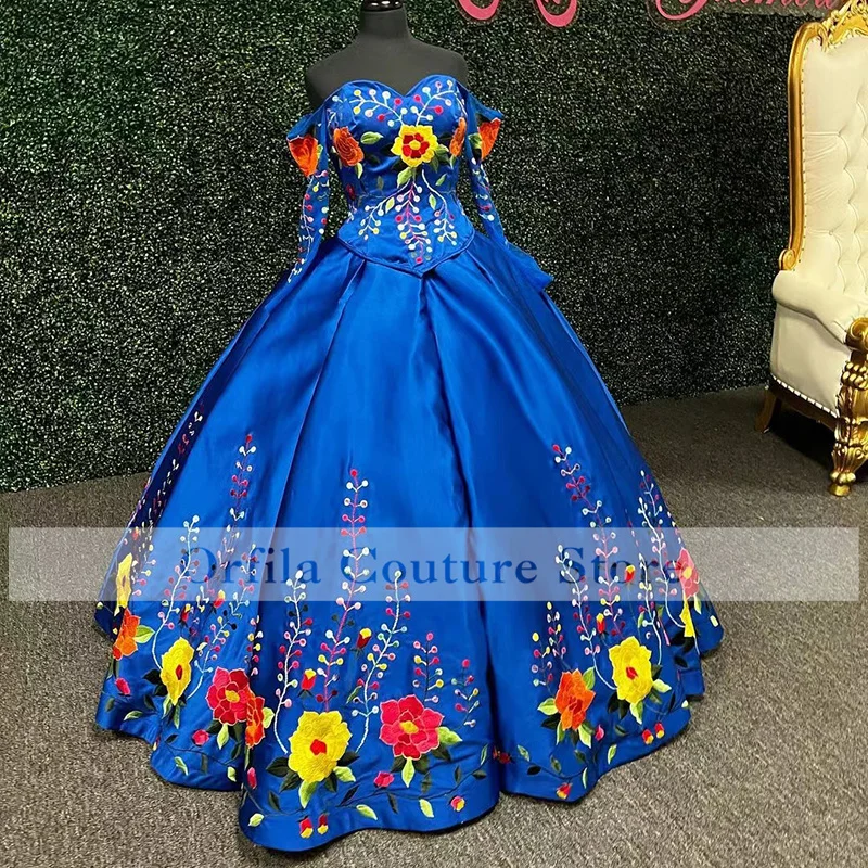 

Charro Vestidos De 15 Años Royal Blue Embroidery Quinceanera Dresses Long Sleeves Sweet 16 Prom Gowns Lace-up abiti da cerimonia