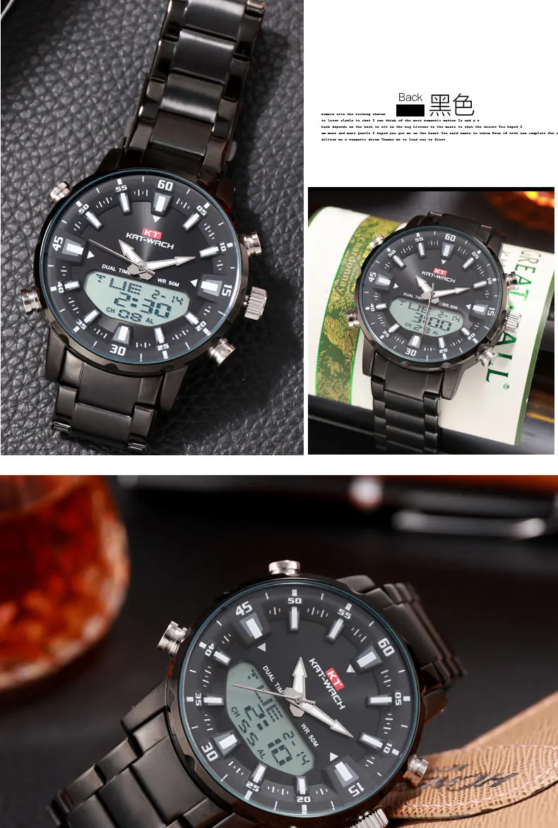 KT New Mens Watches with Stainless Steel Dual Display Waterproof 3D Dial Analog Digital Chronograph Male Sport Style KT1815