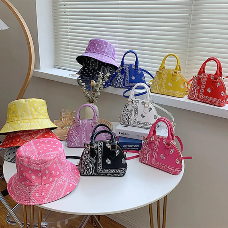 

Handbags for Women PU Leather Fashion Bandana Crossbody Small SHOULDER BAG Ladies Cashew Flower Bucket Hats and Purse Set
