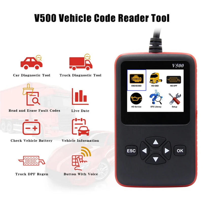 

V500 Truck And Car Diagnosic 2 In 1 Obd Obd2 Cr-Hd Device Diagnostic Tool Obd2 Scanner V500 Heavy Duty Truck Scan Scanner Tool