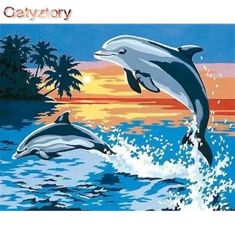 

GATYZTORY DIY Painting By Numbers Kits For Adults Children Two Dolphins On The Sea Oil Paints Handmade DIY Gift Wall Artwork