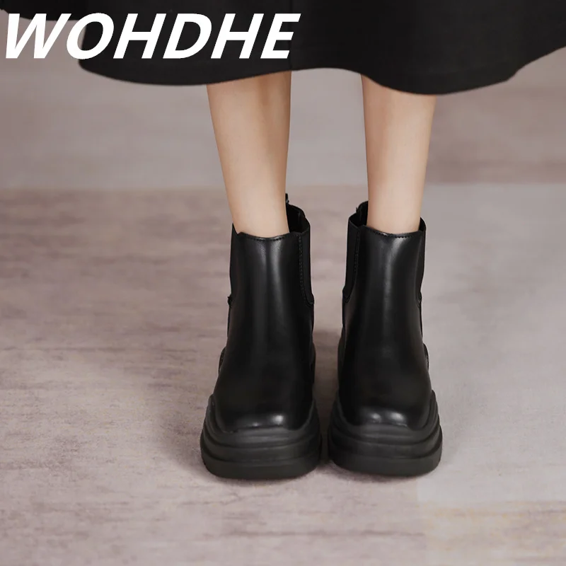 

WOHDHE Modern Boots Ankle Boot Hot Short Boots Round Toe Med Flat Heel Sponge Bottom Genuine Leather Slip-on Mixed-color Leisure