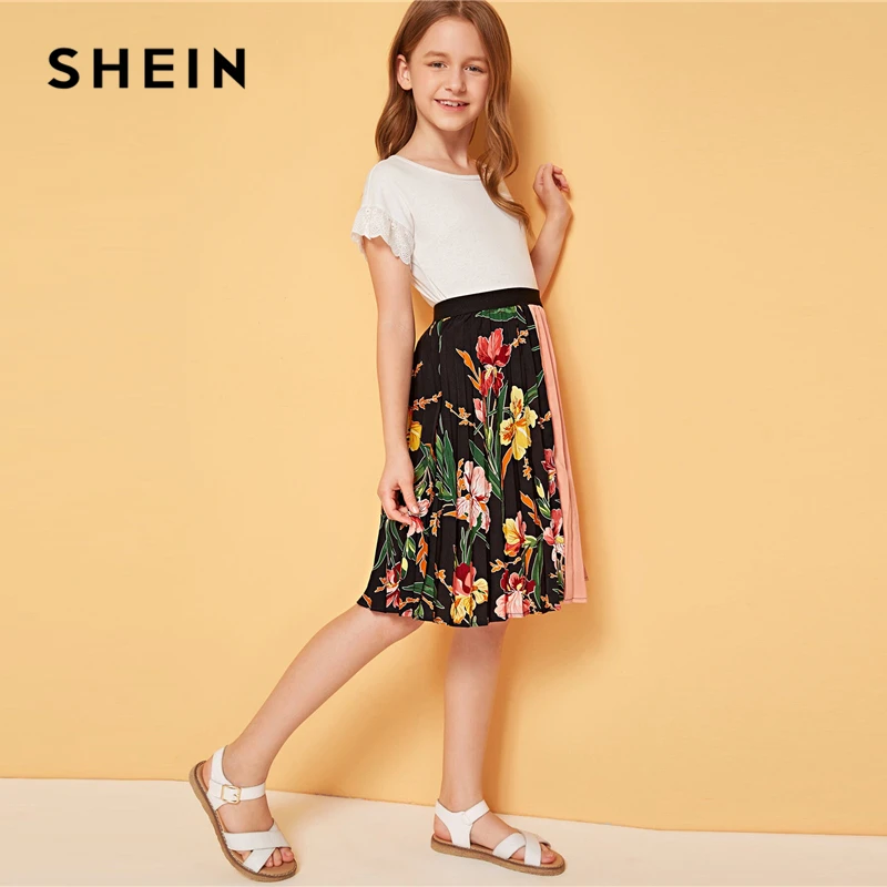 SHEIN/Повседневная плиссированная юбка с вырезами и вышитым растительным принтом для девочек детская одежда г. Весенняя элегантная длинная юбка с цветочным рисунком в Корейском стиле