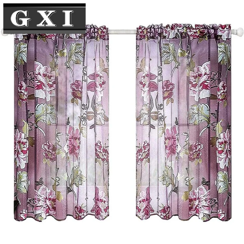 

Purple Flowers Tulle For Kitchen Living Room Bedroom Sheer Curtains Home Decoration Short Window Treatments Voile Panel Drapes