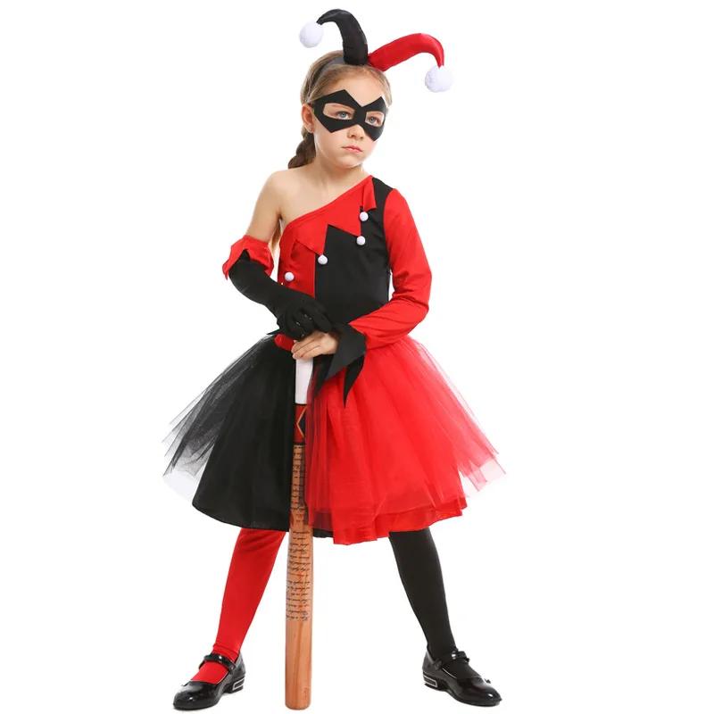 Girl Red Black Clown Outfit Movie Harley Joker Criminal Costume Quinn Book Week Child Fancy Dress