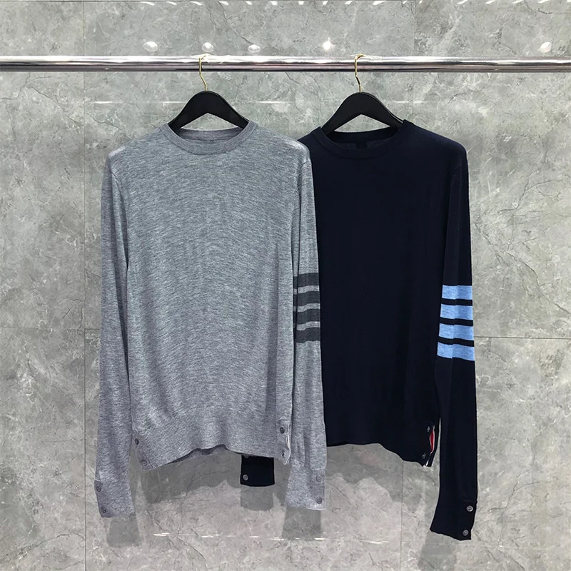 

Fashion 2021 TB THOM Brand Sweaters Men Slim Fit O-Neck Pullovers Clothing Striped Wool Cotton Solid Spring Autumn Casual Coat