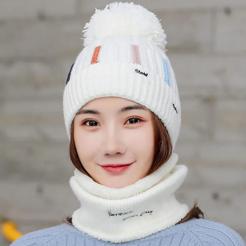 Knitted Hat With Scarf Collars SUOGRY Sets For Women Winter Ladies Hat& Scarf With Pompom Thick Two Piece Keep Snow Warm Set