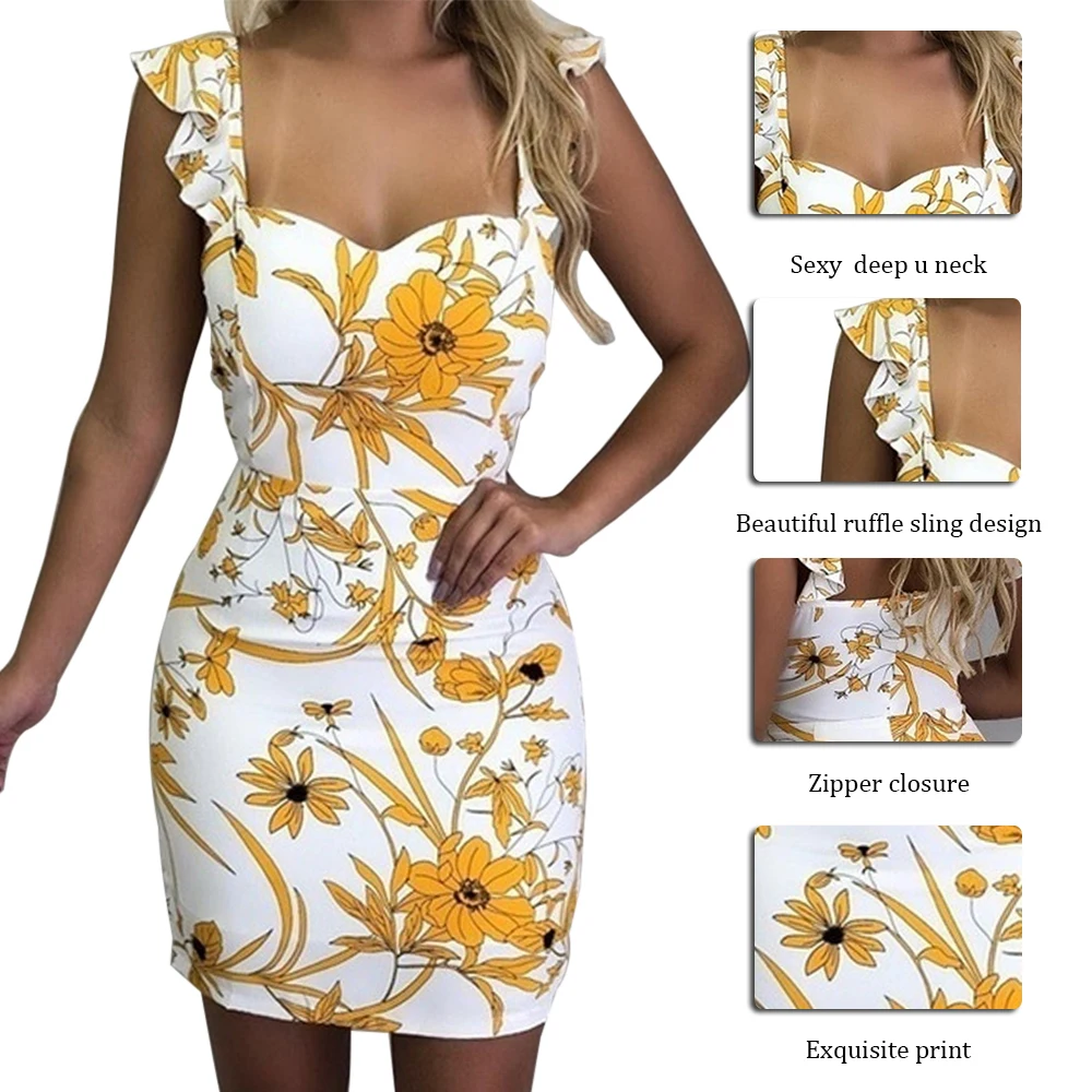 HEFLASHOR Мода 2020 мини-платье с цветочным принтом сексуальное оборками на бретелях