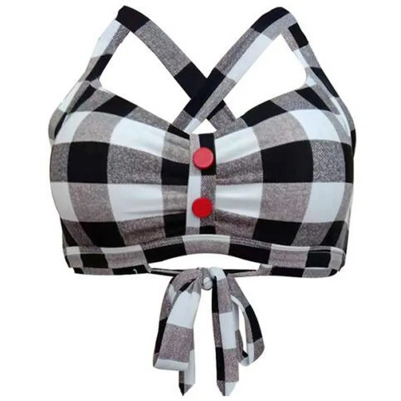 C-Bikini Top (1) Винтажный пуш-ап бикини Топ контрастный цвет клетчатый принт бикини бюстгальтер сексуальный женский бандаж из двух частей раздельный купальник синий красный черный - Цвет: C-Bikini Top (1)