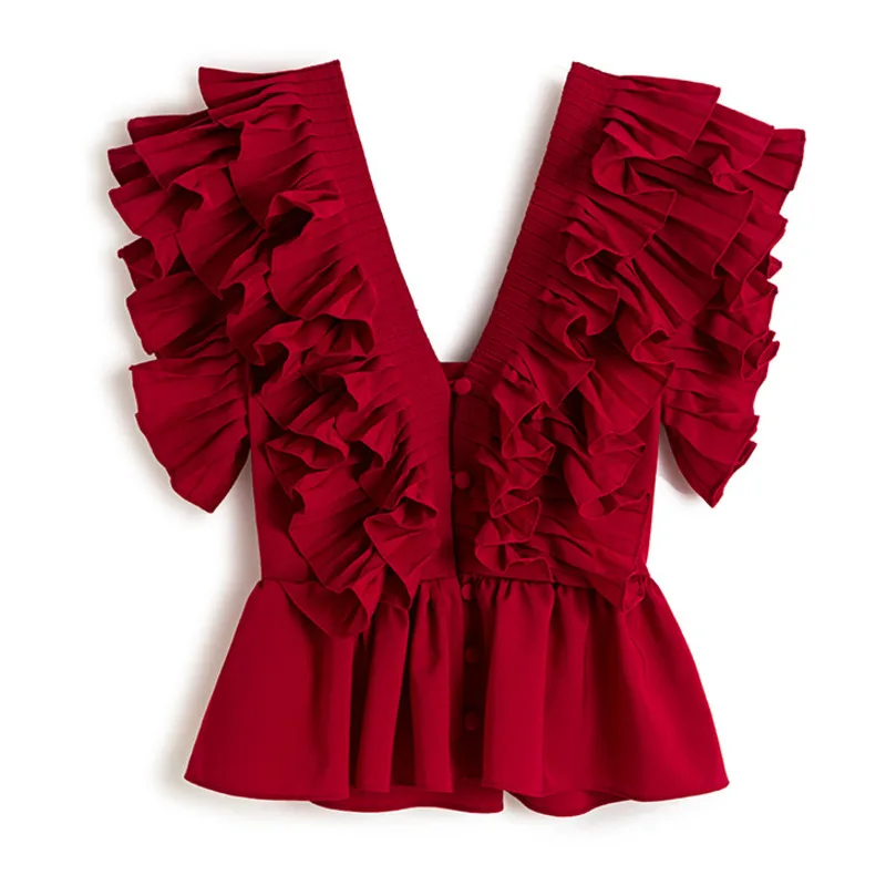 

[DEAT] Women Red Patchwork Ruffles Backless Folds French T-shirt New V-Neck Sleeveless Slim Fit Fashion Tide Summer 2021 7E0594