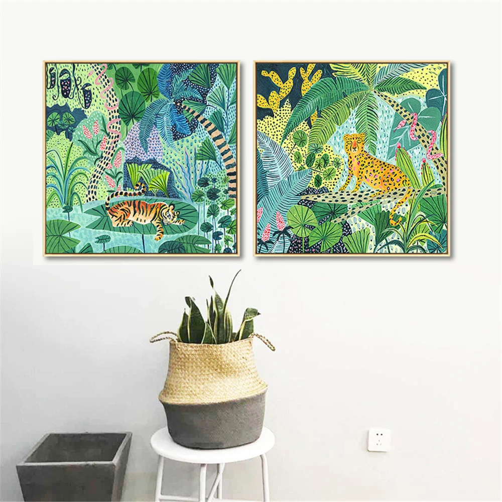

Abstract Green Leaf Plant Poster Hylaea Forest Posters And Prints Tiger Leopard Animal Canvas Painting Scandinavia Home Decor
