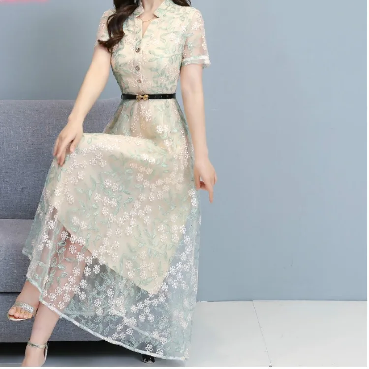 

Spring/Summer 2021 New Korean Fashion Trend Short-sleeved Lace Embroidered Dress Temperament Slim Midi Skirt Female M-3XL