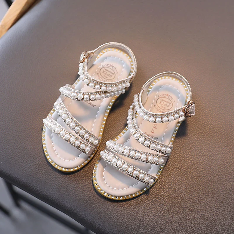 

2021 Summer New Girls' Sandals Korean Version Little Girl Pearl Peep Toe Princess Shoes Little Middle School Children's