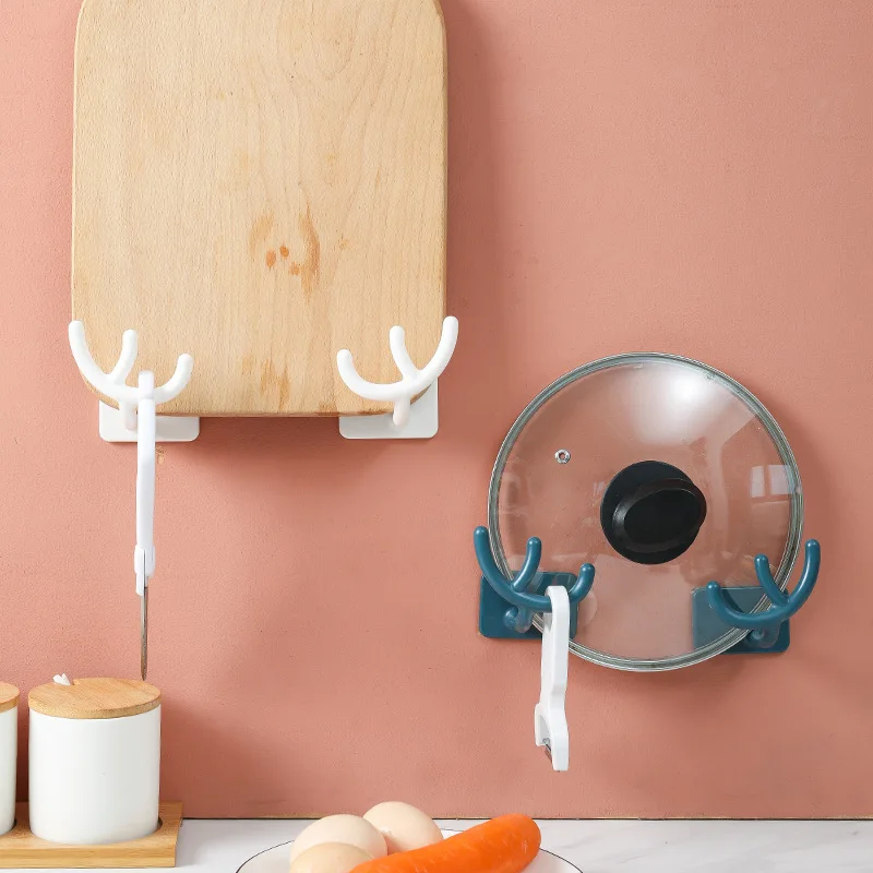 

2pcs Wall Hanging Hook Multi-Purpose Antlers Hook Kitchen Pot Lid Holder Rack Self Adhesive Pan Cover Organizer Racks Key Hooks