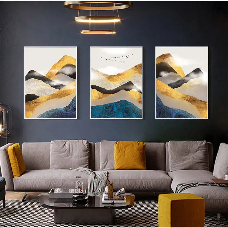 Абстрактный настенный постер с изображением золотых гор пейзаж холст
