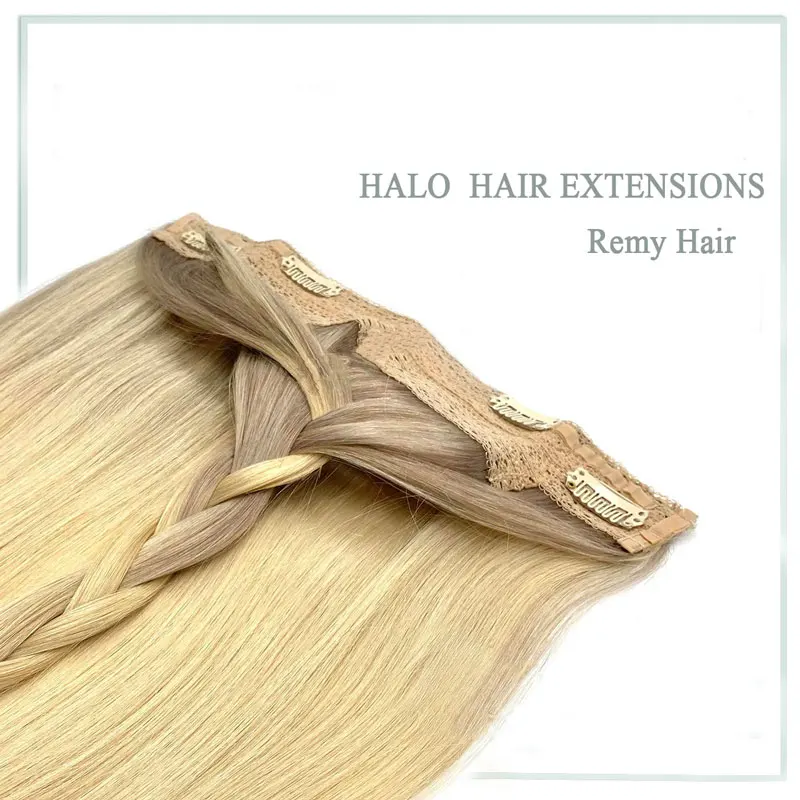 Halo-extensiones de cabello humano liso con cable oculto, extensiones de cabello rubio Rubio Dorado Remy, línea de pescado