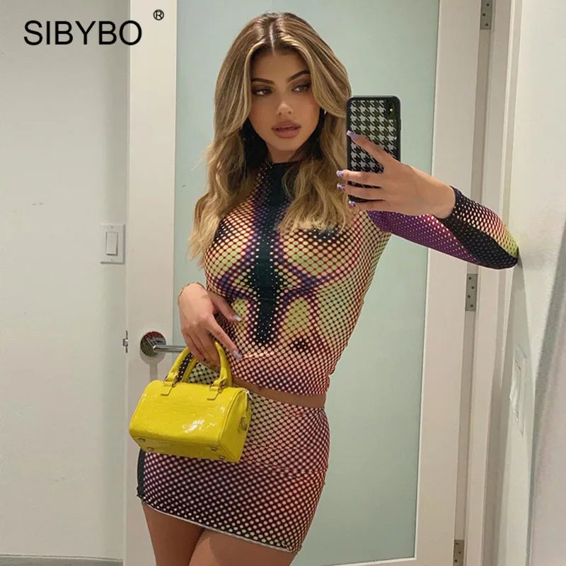 

Sibybo Tie Dye Print Two Piece Set Women Autumn Outfits Casual Long Sleeve O Neck Crop Top And Mini Skirt Suits Sexy Streetwear