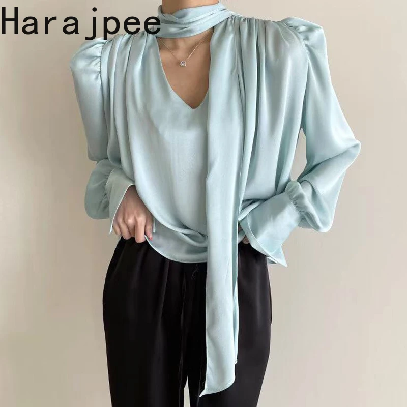 

Женская рубашка в Корейском стиле Harajpee, Элегантный Блестящий атласный пуловер свободного покроя с V-образным вырезом и длинными рукавами-фо...