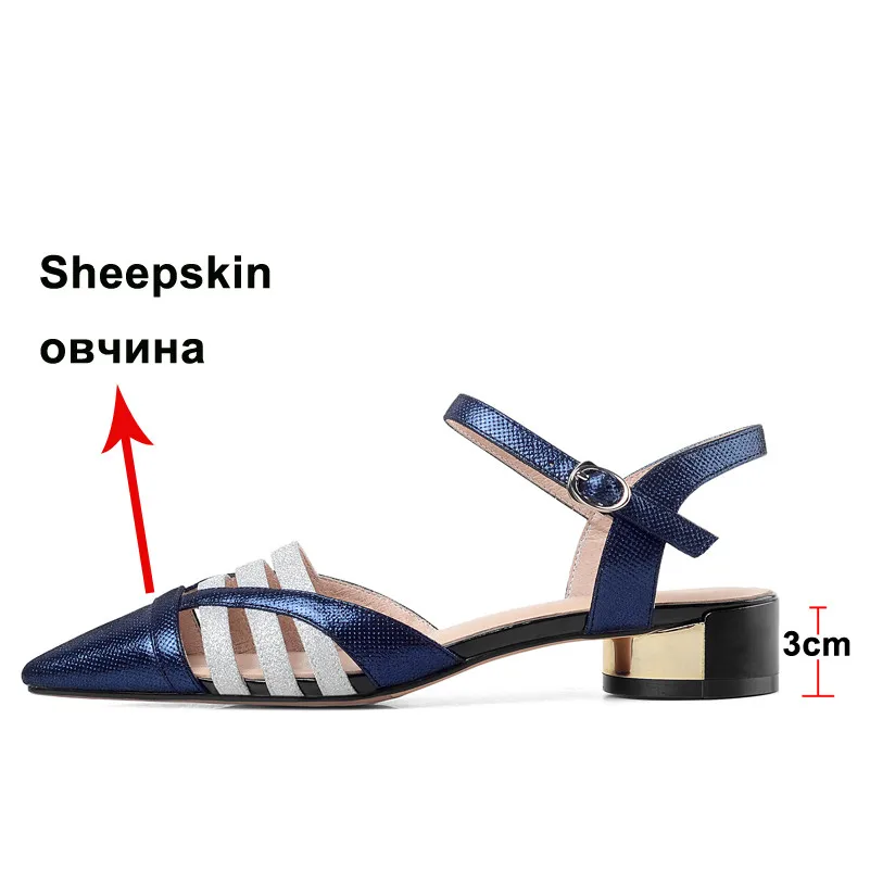 

FOREADA Women Sandals Natural Genuine Leather Med Heels Buckle Thick Heel Shoes Pointed Toe Sandals Female Blue Large Size 34-42