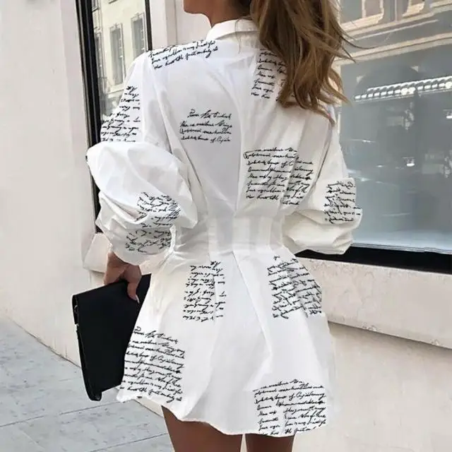 

Casual Long Sleeve Letter White Shirt Woman Dress 2021 Spring Loose Tight Waist Office Ladies Dresses For Women Femme Robe