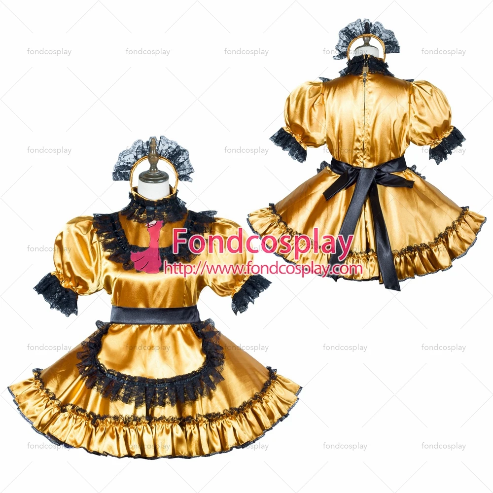 

fondcosplay adult sexy cross dressing sissy maid gold satin dress lockable Uniform apron costume Tailor-made[G3813]