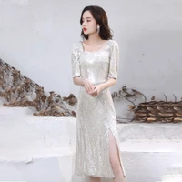special occasion dresses vintage square collar luxury champagne gold knee length a line sequined backless women prom gown e1003