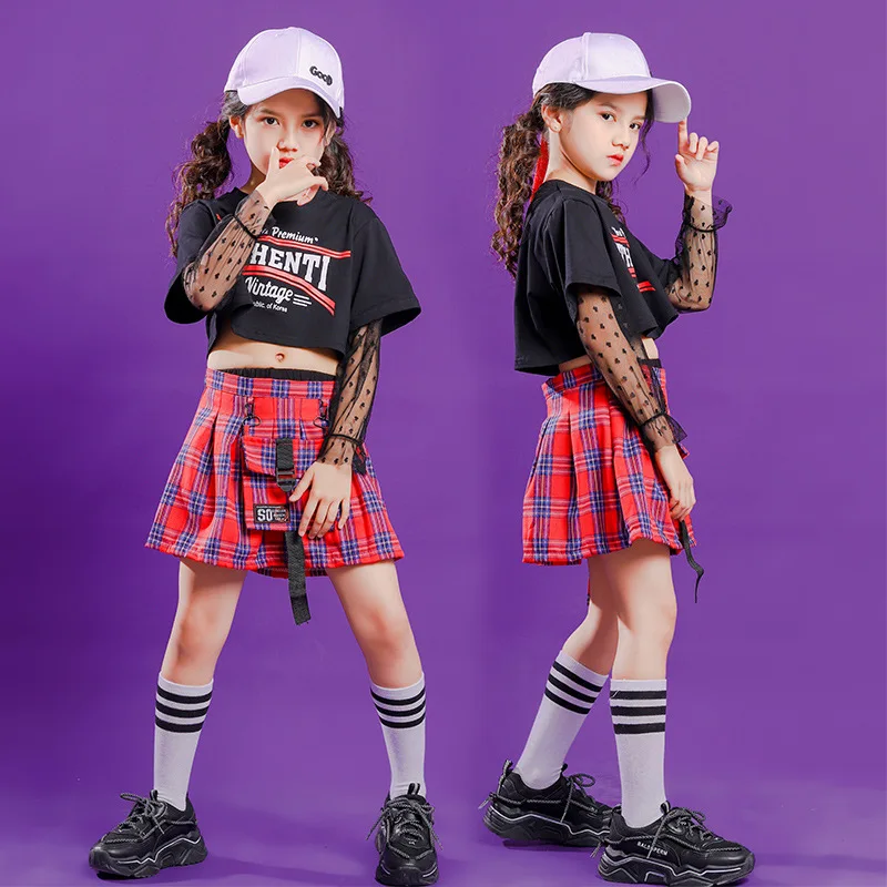 

Girls Tartan Mini Skirt Kids Jazz Culottes Hip Hop 2 Pcs Set Children Clothes Crop Top Pantskirt Teens Ballroom Street Dance