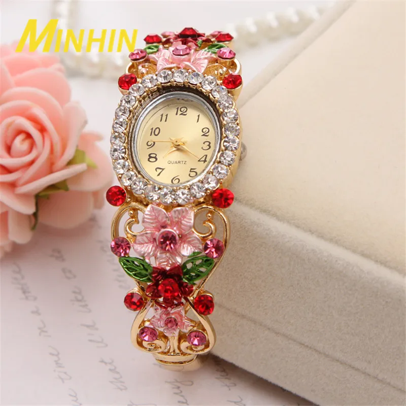 Роскошные женские часы бренд MINHIN браслет с цветком и кристаллами милый подарок