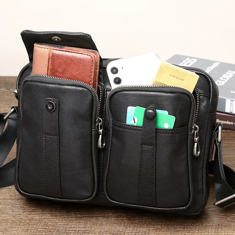 High Quality Genuine Leather Shoulder Bag for Men Fashion Cowhide Leather Crossbody Bag Men's Black Handbag Male Briefcase