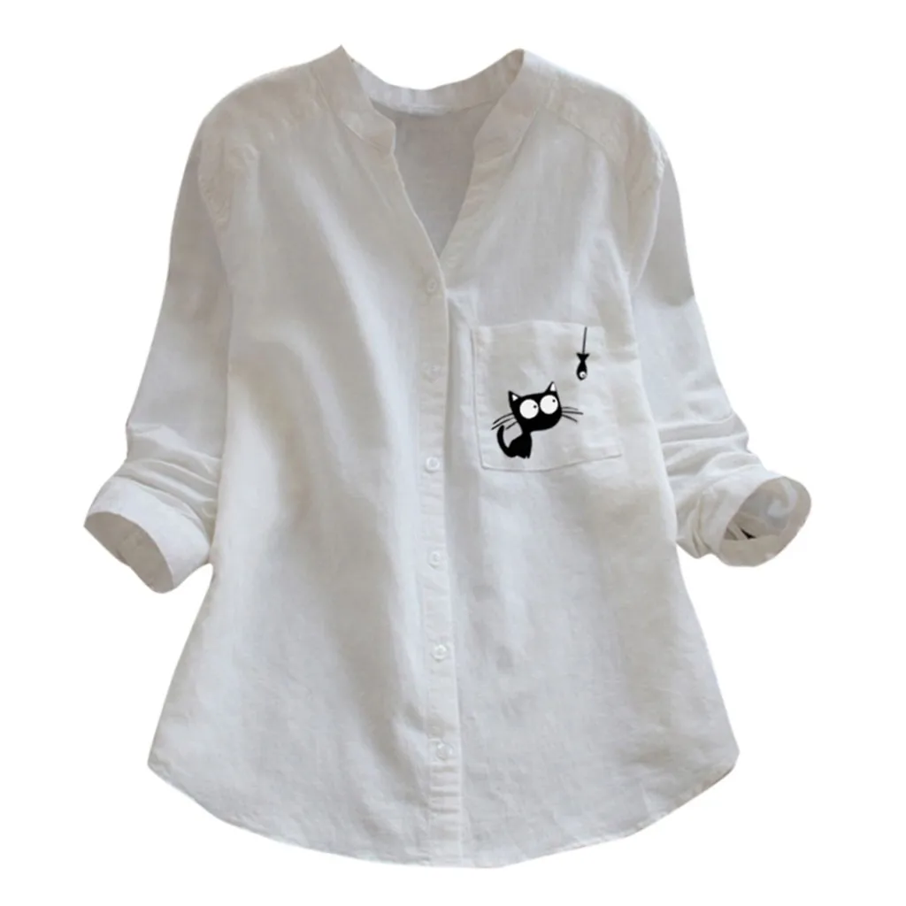Cute Cat Linen shirt Women Fall long sleeve tops female blouse collared loose casual women's blouses 4