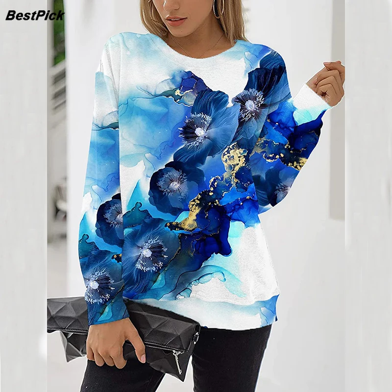 

Женская Повседневная Толстовка с цветочным принтом, Осенний пуловер с круглым вырезом и длинным рукавом, топы большого размера, зимние топы...