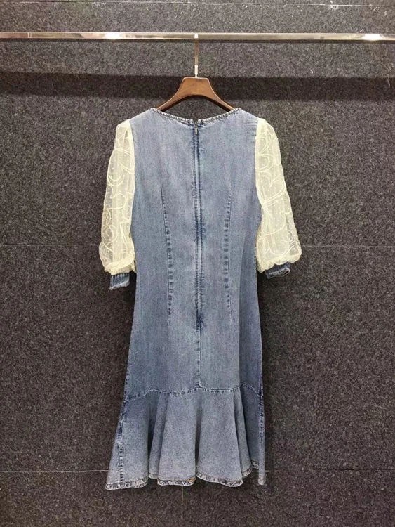 

2021 spring new women's Fashion Square Neck wave dot mesh splicing denim decorative long sleeve breasted dress 305