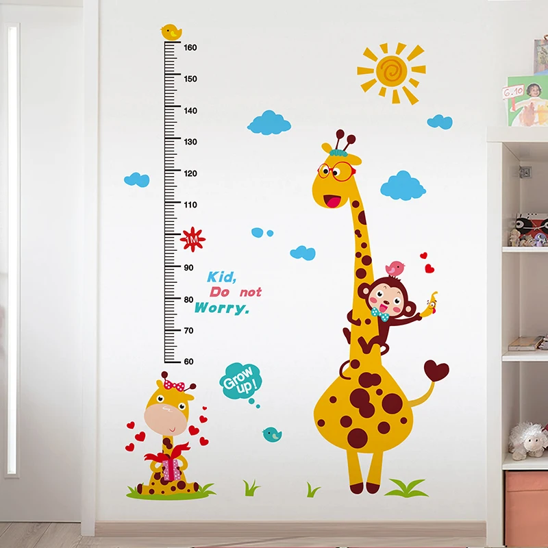 [SHIJUEHEZI] жираф с обезьянками на дереве наклейки стену DIY измерения высоты в виде