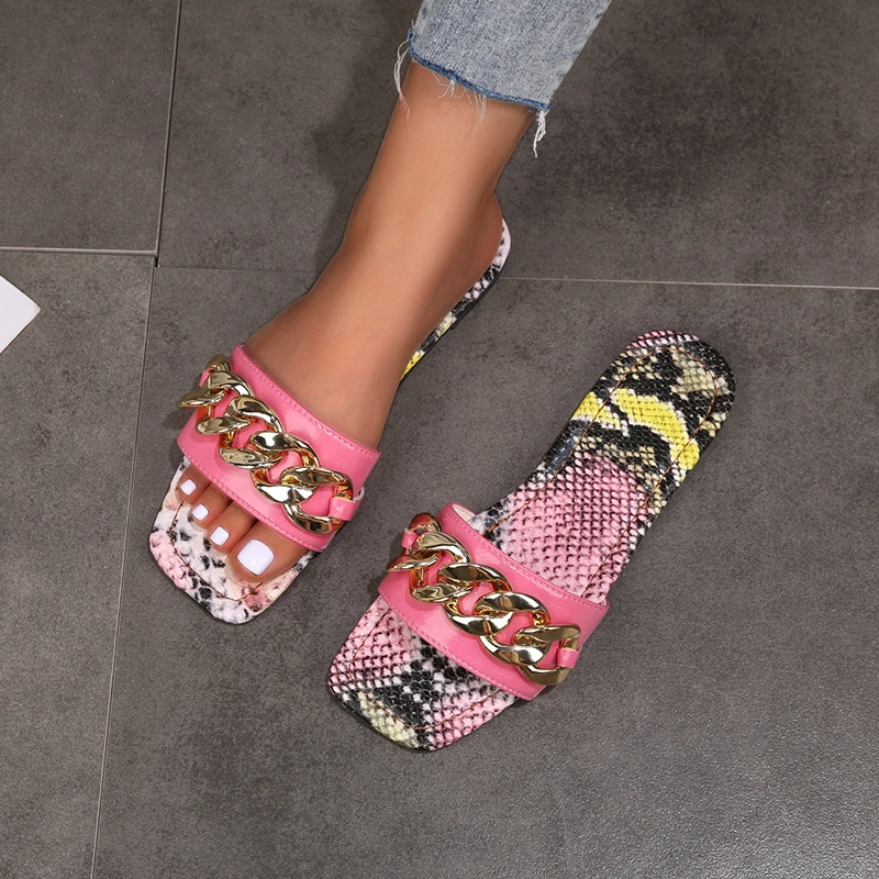 

Women Sandals Leopard Print Beach Metal Chain Decoration Flat Bottom Fashion Breathable Casual Women Slippers Sandalias Mujer